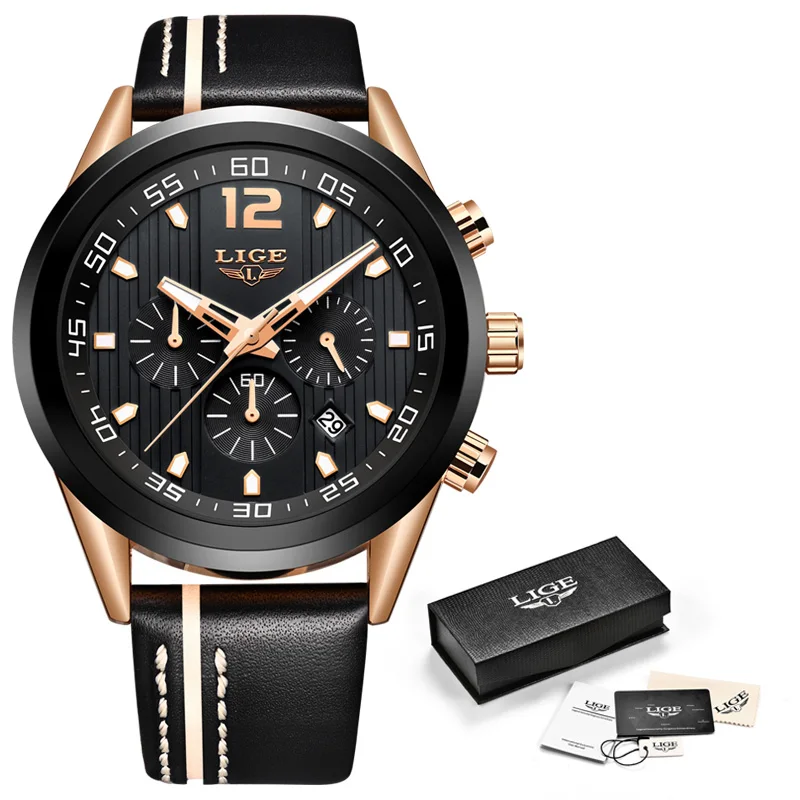 Rose gold black LIGE новые мужские часы с хронографом, Топ бренд, модные роскошные кварцевые часы, мужские военные водонепроницаемые часы, мужские спортивные наручные часы - Цвет: Rose gold black