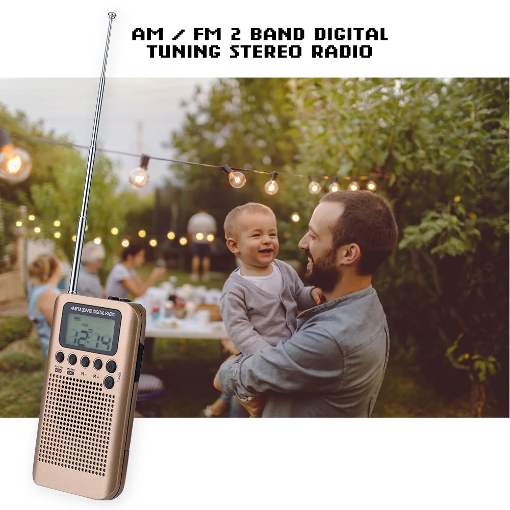 SOONHUA Digital Radio 2 Band 8UV Stereo Radios Digital Tuning Radio AM/FM Decoding Pocket Radios Gold
