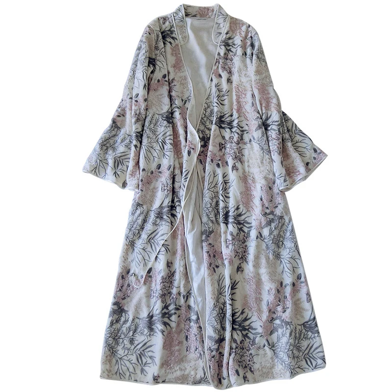 

Elegant Nightgowns Female Long Sleepwear High Quality Floral Silk Velvet Embroidered Luxury Robe for Women Long Sleeve