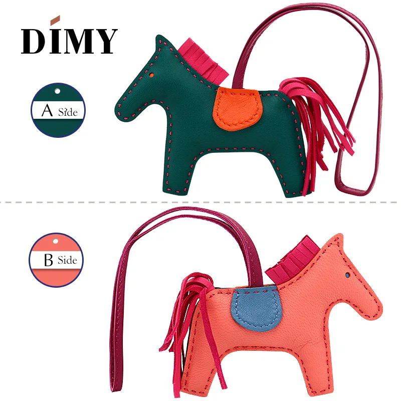 Hand Stitching Mini Leather Horse For Women's Bag Ornament 2-side Bicolor Sheepskin Fringed Petit Pony Rodeo Charm Pendant Bag