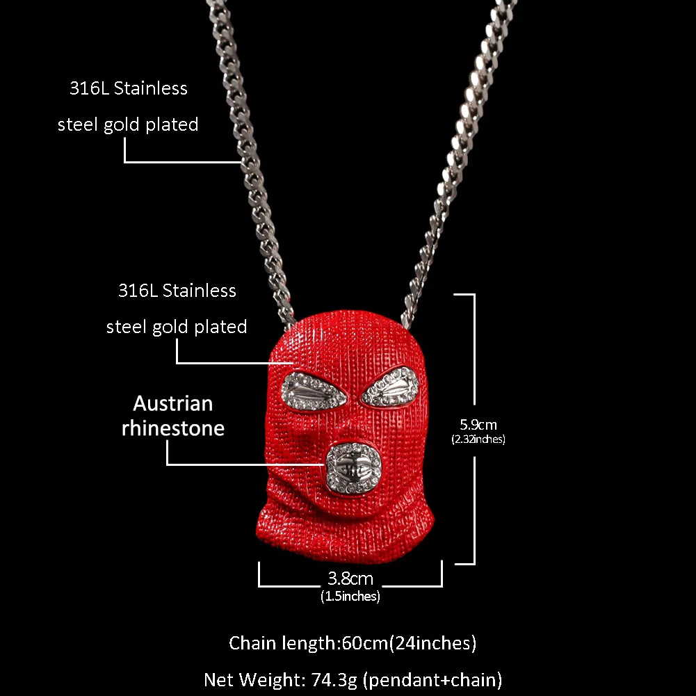 Hip Hop CSGO Pendant Necklace Punk Style Cuban Chain Long Bling Rock Jewelry Rhinestone red Mask Head Charm for Men | Украшения и