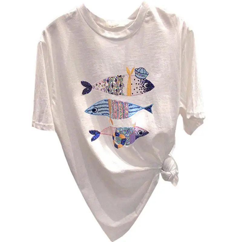 Женская хлопковая Футболка Zuolunouba белая свободная футболка с принтом лосося