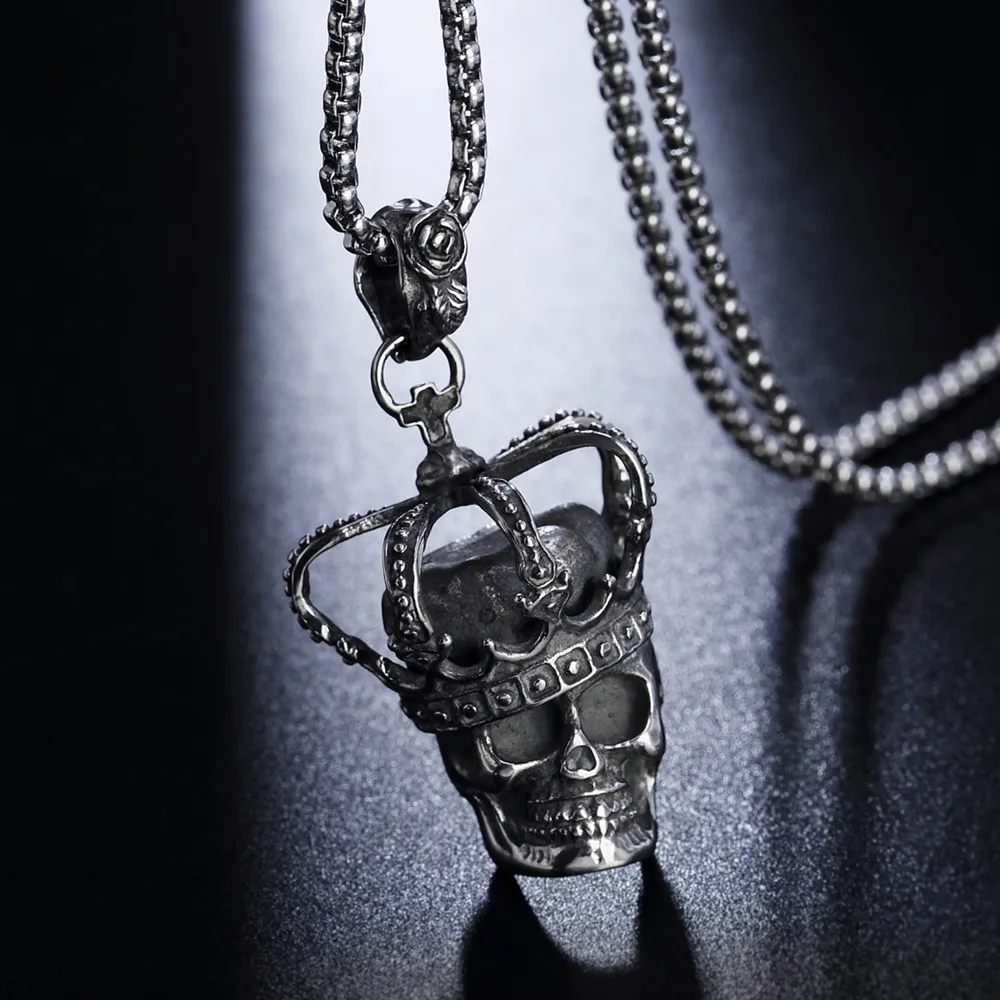 

Hip Hop Punk Casting Stainless Steel Vintage Cross Imperial Crown Skull Pendants Necklaces For Men Jewelry HE056