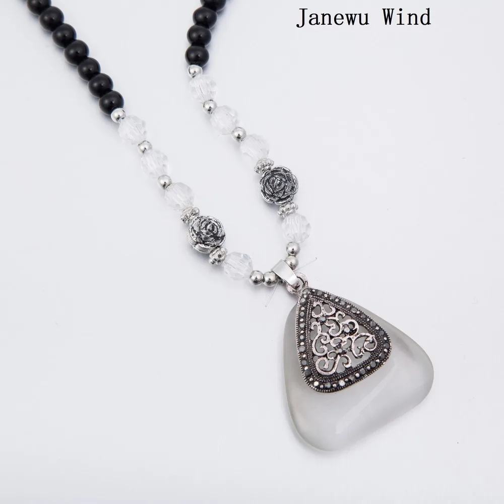 Janewu Wind Ретро Стиль Треугольный каменный кулон ожерелье женские черные бусы