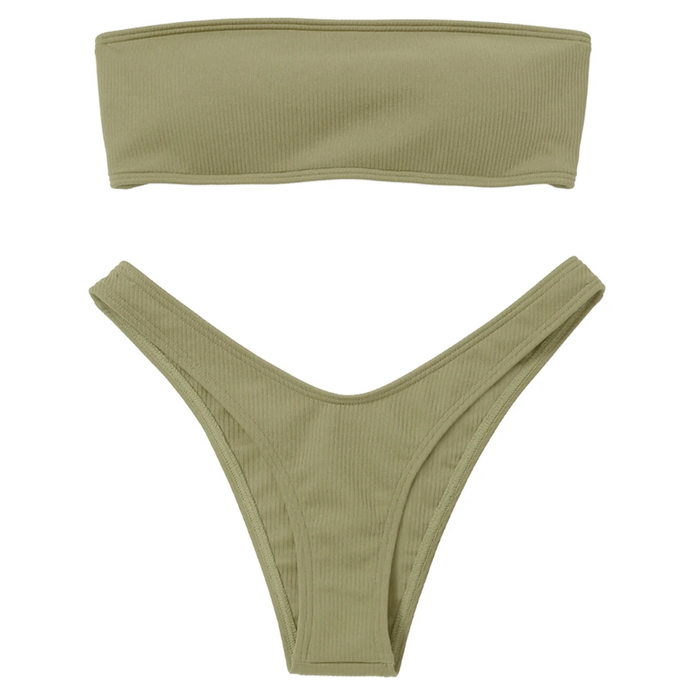 Pea Green LANGSTAR Bandeau Bikini Ribbed Swimwear Women High Cut Swimsuit Sexy Strapless Lace up Padded Swimwear Thong Biquni Bathing Suit - Цвет: Pea Green