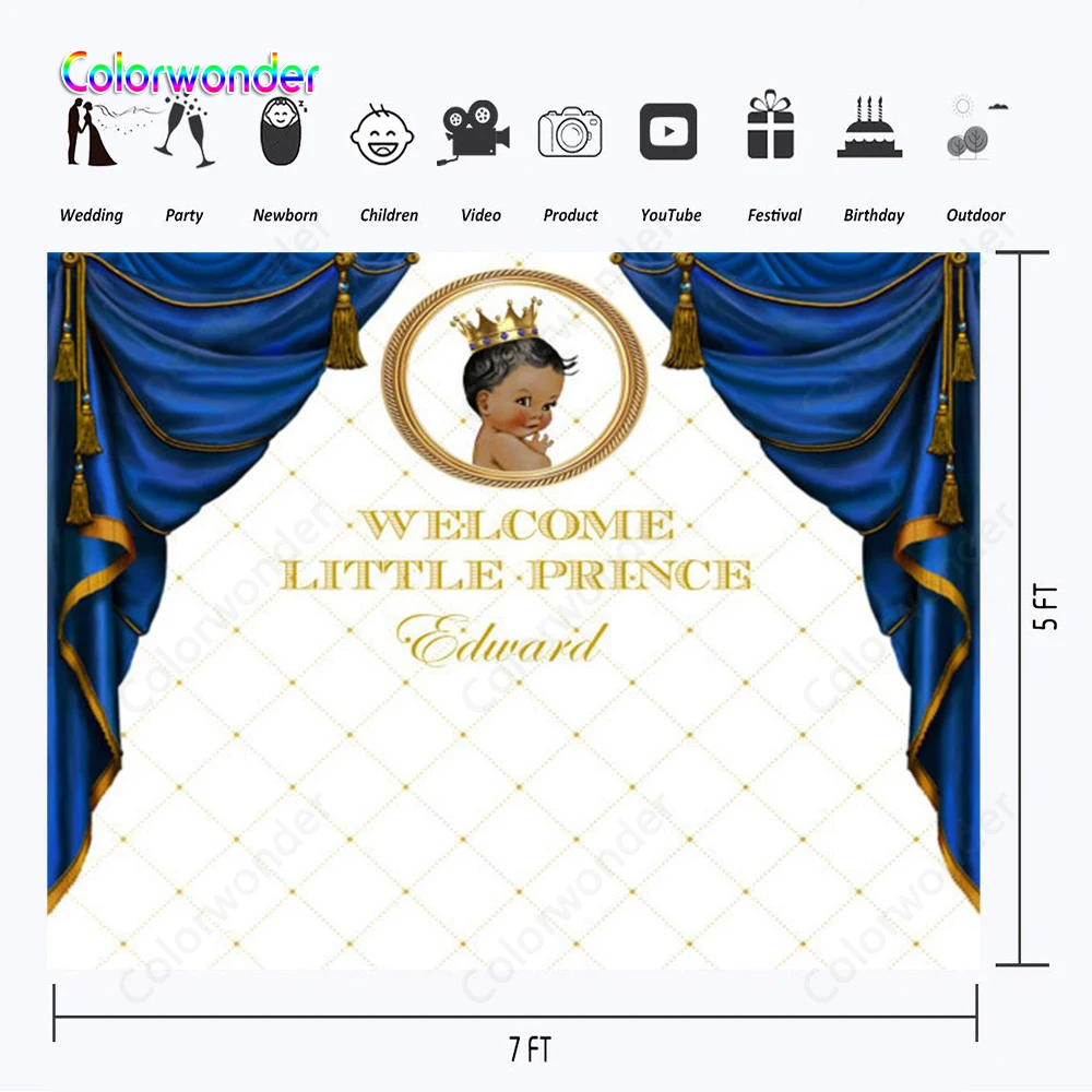 Blue Curtain Background African Baby Boy with Golden Crown Shower Backdrop Welcome to Little Prince Birthday Party Banner | Электроника