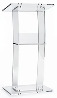 clear lectern with curved pedestal 12 inch thick acrylic frame built in shelf easy to assemble hardware included 46 h x14 w