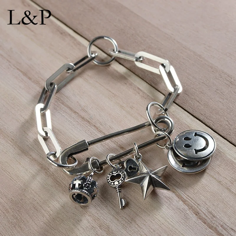 

L&P 100% 925 Sterling Silver Bracelet Women Men Punk Smile Pin Bracelets Bangles Charm Jewelry Wedding Party Gift
