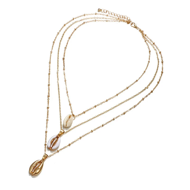 

Three Layers Necklace Gold Pendant Cowry Natural Necklace Seashell Cowrie Friend Shell of Shell Best Women