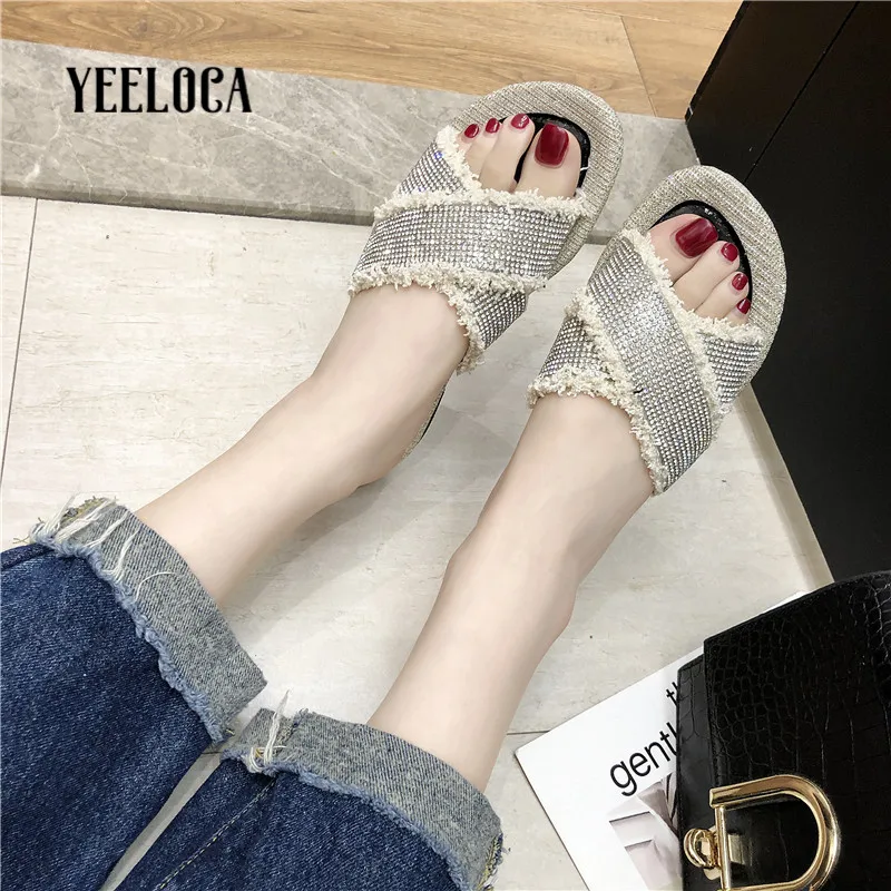 

YEELOCA 2019 women slippers summer low hight flat with indoor slides bling hemp bliack fashion woman shoes