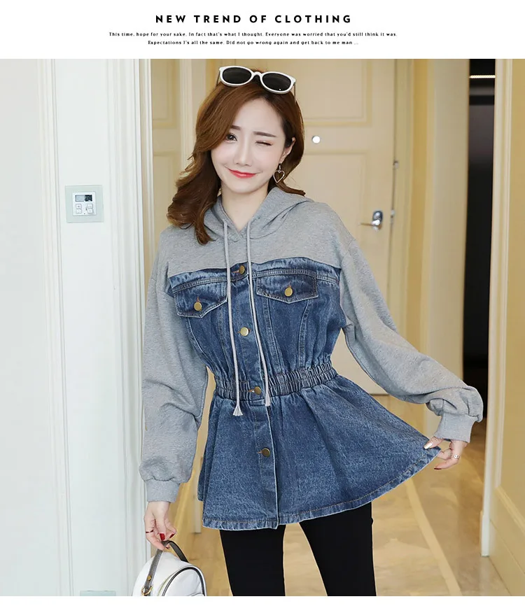 New Spring Fashion Loose Denim Patchwork Hooded Sweatshirts Slim Waist Students Hoodies Casual Tops for Women