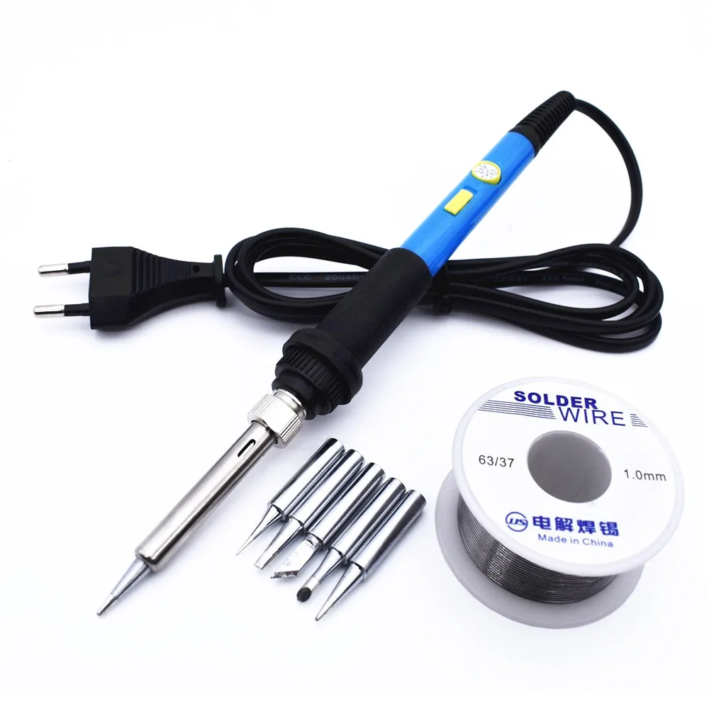 Soldering Iron Set 60 Вт, 220 В, Электрический паяльник, набор, Регулируемый температурный переключатель мощности, тепловой карандаш, инструмент для ремонта с припоем, 5 сварочных наконечников - Цвет: Soldering Iron Set