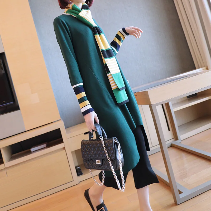 Green scarf Осеннее вязаное платье осень и зима женский длинный свободный свитер большого размера с длинным рукавом - Цвет: Green scarf