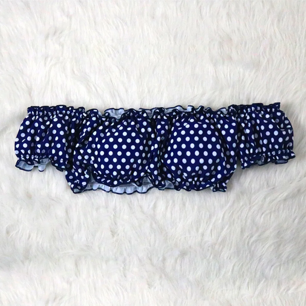 Summer Womens sexy Wave Point Blue Bikini Set Dot Padded Swimsuit Ruffle Shoulder Brief Bathing Suit High Waist Beach Wear Nylon |