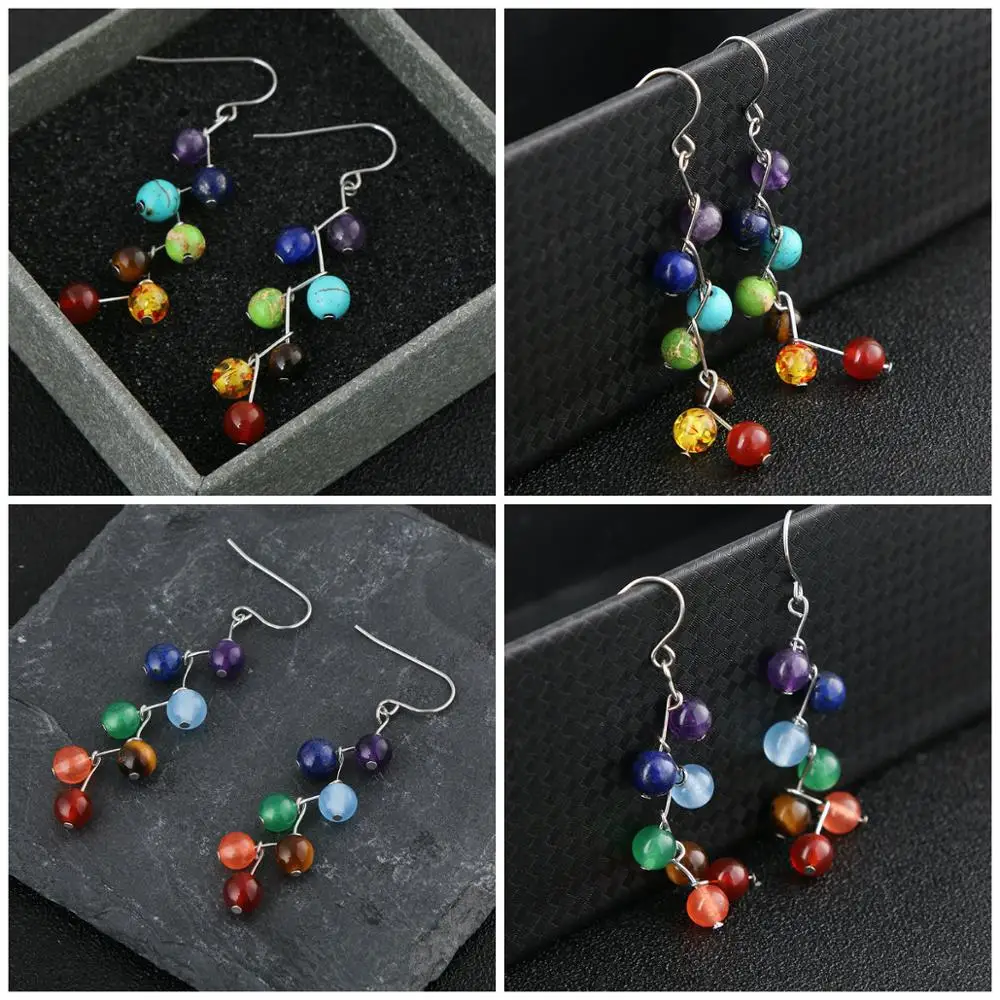 Новый Дизайн Природа Камень Серьги Красочные 7 Чакра Бисер Yoga Рейки Исцеление