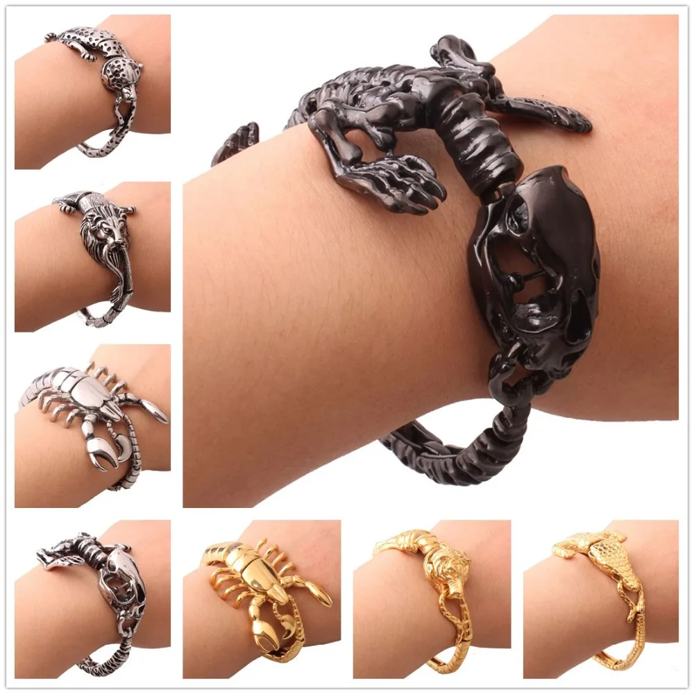 Hip-hop Jewelry Stainless Steel 3D Leopard/Lion/Scorpion/Crocodile/Tiger/Dinosaur Animal Biker Jewelry Men's Bracelet Bangle Hot