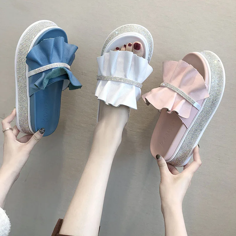 Шлепанцы на платформе с оборками женская обувь со стразами толстой подошве