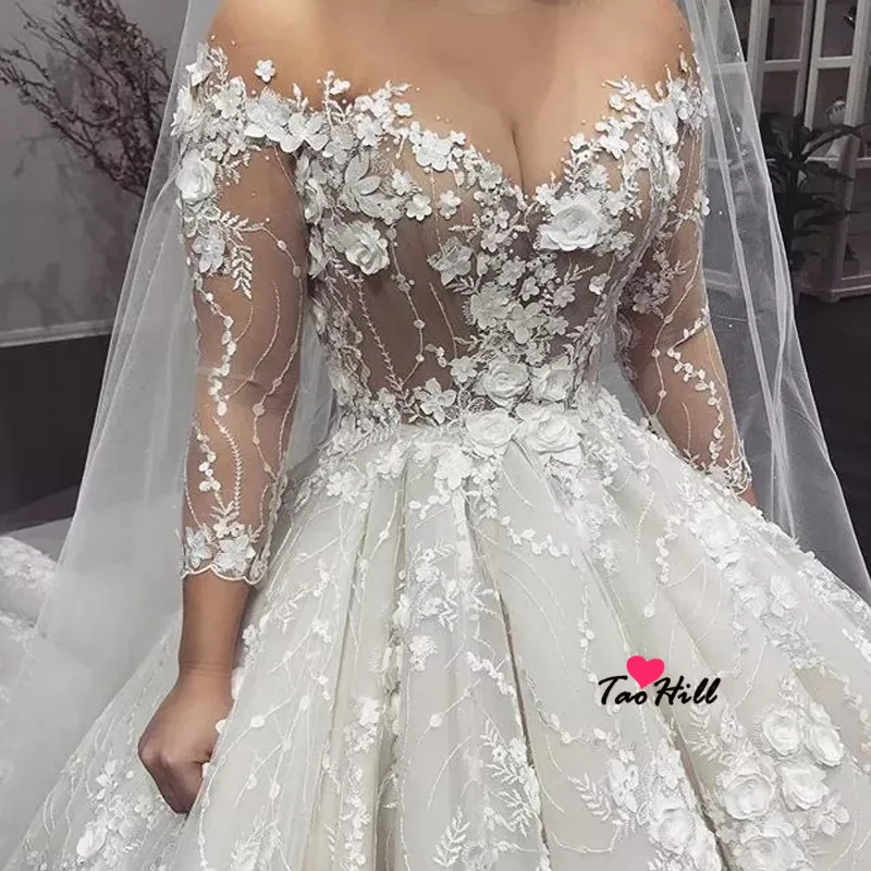 

TaoHill Luxury Wedding Dress Puffy Beige Three Quarter Sleeves Little Flowers Ball Gown Wedding Dresses