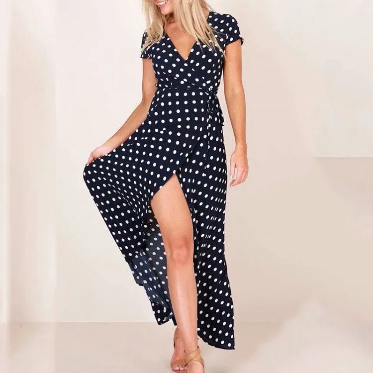 Fanbty, сексуальное богемное летнее платье с высоким разрезом, Boho, женское,, повседневное, в горошек, с принтом, макси, платья, элегантное, v-образный вырез, Пляжное платье - Цвет: black