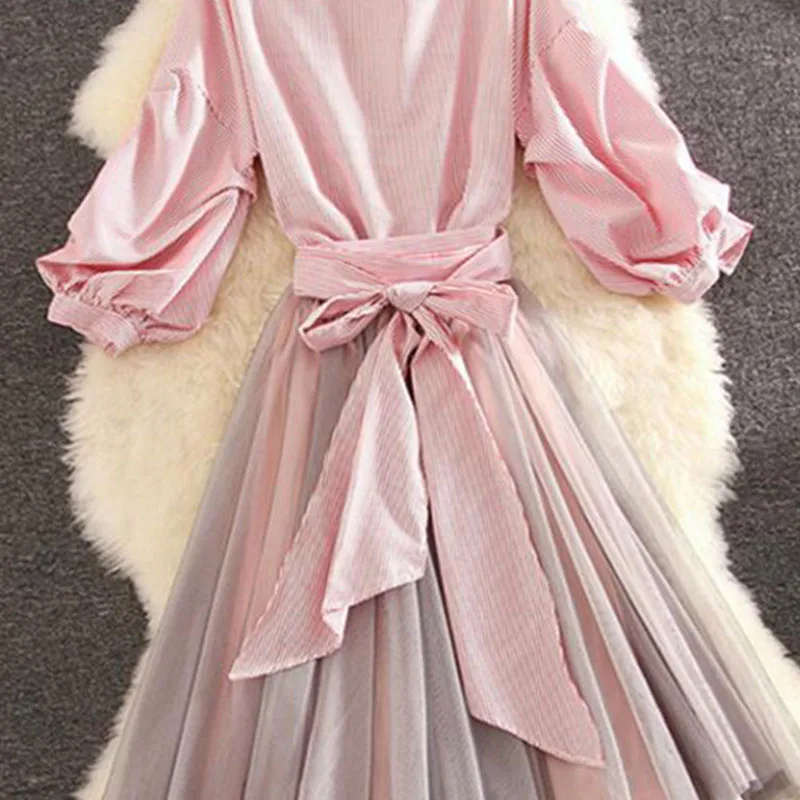 OLGITUM Vintage Spring Summer 2020 Lace Vestido Suit Elegant Mesh Long Midi Slim Pleated Set Women's Two-piece WS113 | Женская