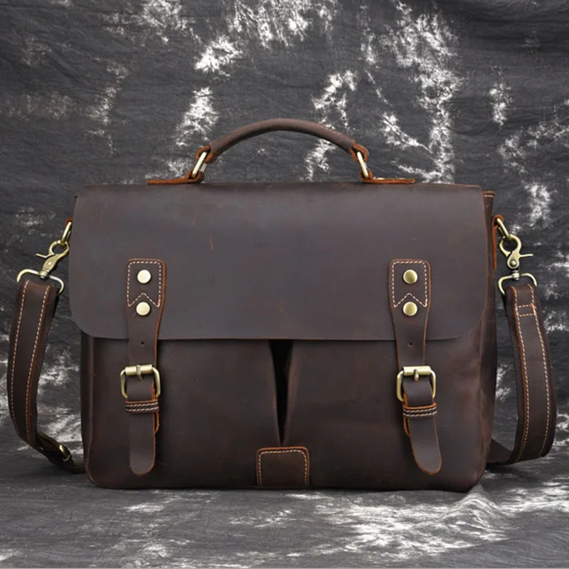 

BULLCAPTAIN Vintage Men Genuine Leather briefcase Cowhide Business bag Crazy Horse Cowhide Laptop Men's messenger bag work tote