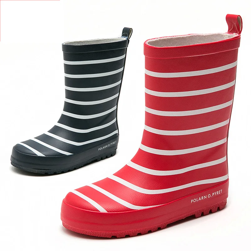 

New Children Stripe Rain Boots Boys Girls Mid-Calf Waterproof Rain Boots Rubber Anti-slip Water Shoes for School Boy Girl Red
