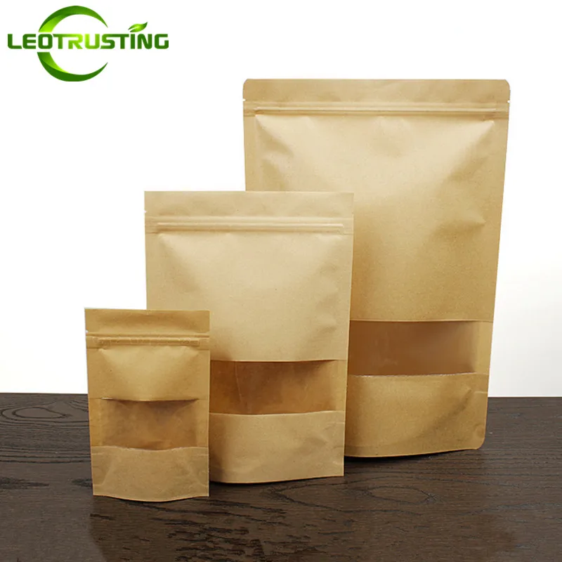 50pcs Kraft Paper Clear Window Zip Lock Bag Doypack Self Sealing Ground Coffee Capsule Sex Cosplay Socks Gloves Gifts Pack Bags