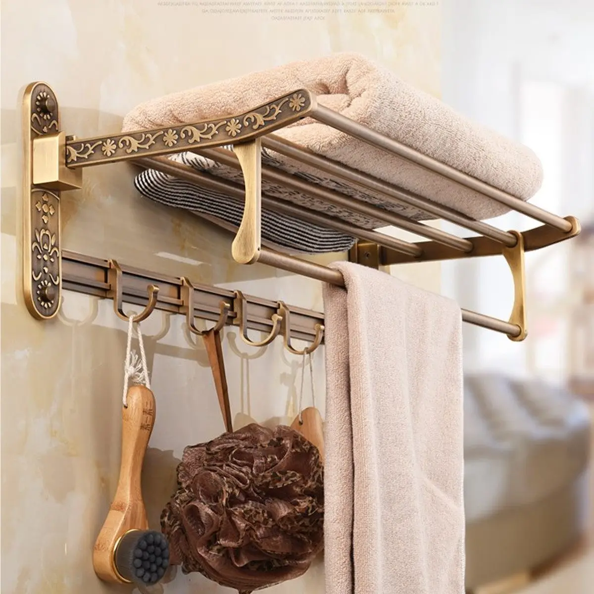 

Aluminum Foldable Antique Brass Bath Towel Rack Active Bathroom Towel Holder Double Towel Shelf With Hooks Bathroom Accessories