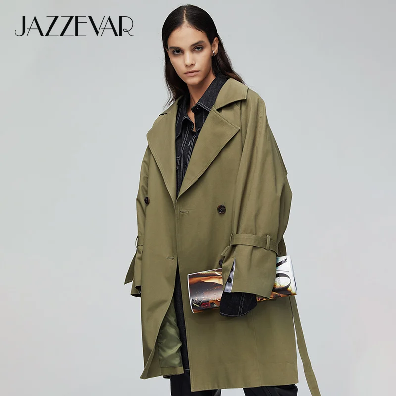 JAZZEVAR 2019 Новое поступление осенний плащ хаки пальто женское двубортное винтажное