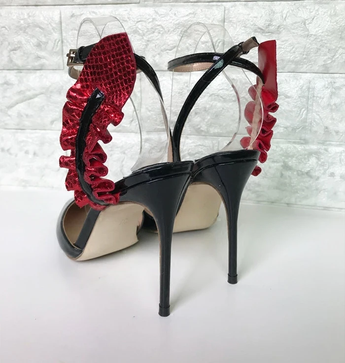 Stylesowner красный Волан босоножки Ремешок на щиколотке острый носок черный