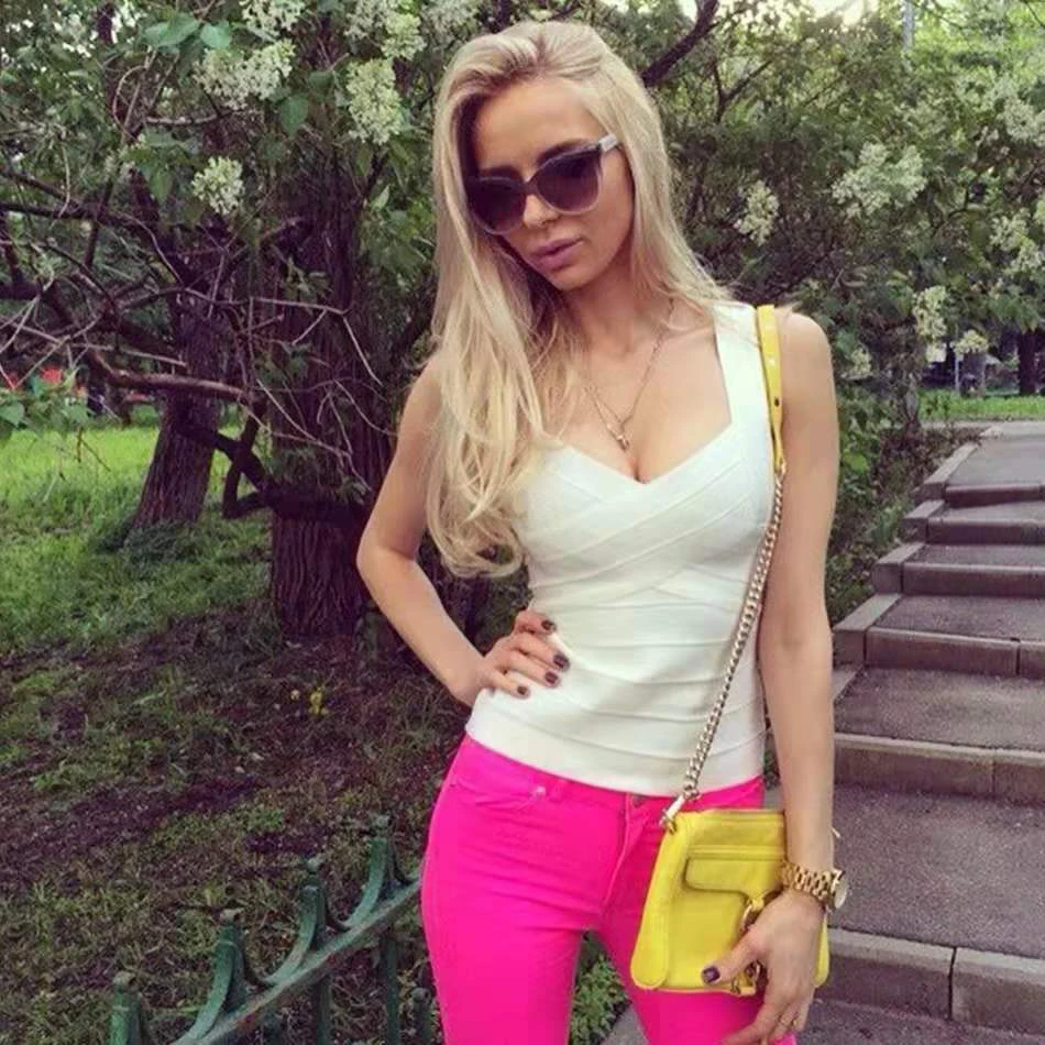 Новинка, однотонная эластичная белая повязка с глубоким v-образным вырезом, облегающая Милая майка, Повседневная Ночная Клубная одежда для вечеринок, Mdv108