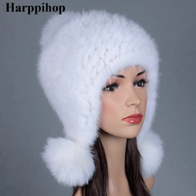 

Harppihop New Arrival Real Mink Caps Women Handmade Knitted Mink Fur Beanies Fur Hats With Pom Poms Free Shipping