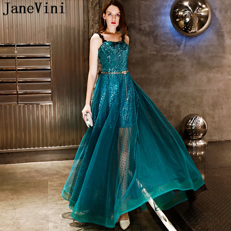 

JaneVini Charming A Line Long Prom Dresses with Sashes 2019 Lace Spaghetti Straps Sparkle Sequined Tulle Gala Dress for Women