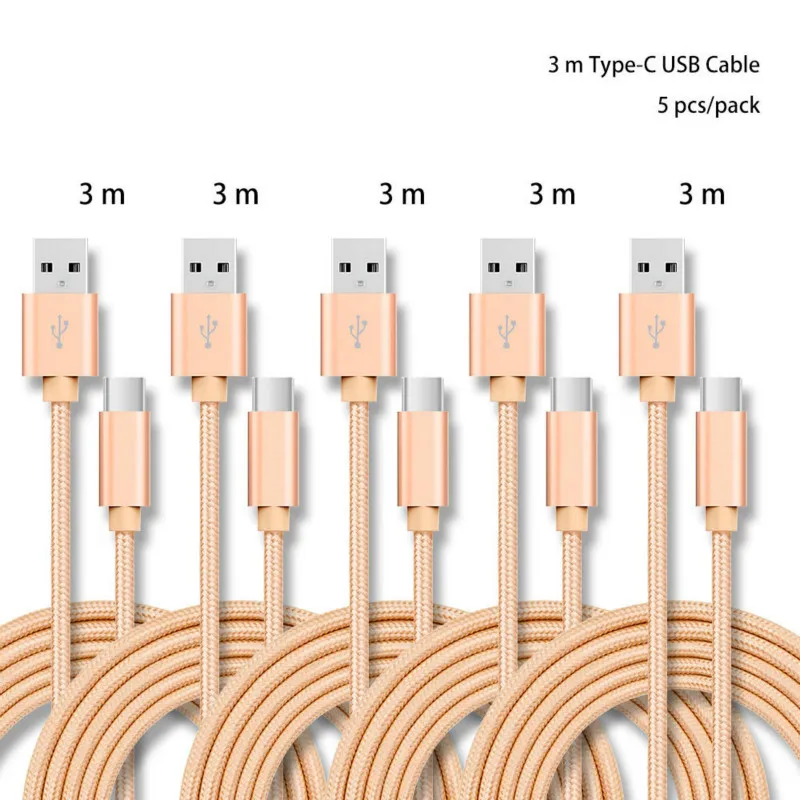 Золотой 3 м 5 ⑤ упак. в 2.4A USB C нейлоновый кабель для зарядного устройства Samsung S10/LG