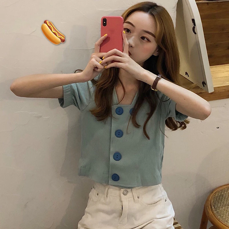 button v-neck solid color short sleeve casual crop tops summer new fashion brand Korean style t-shirts Women Clothing modis tees | Женская