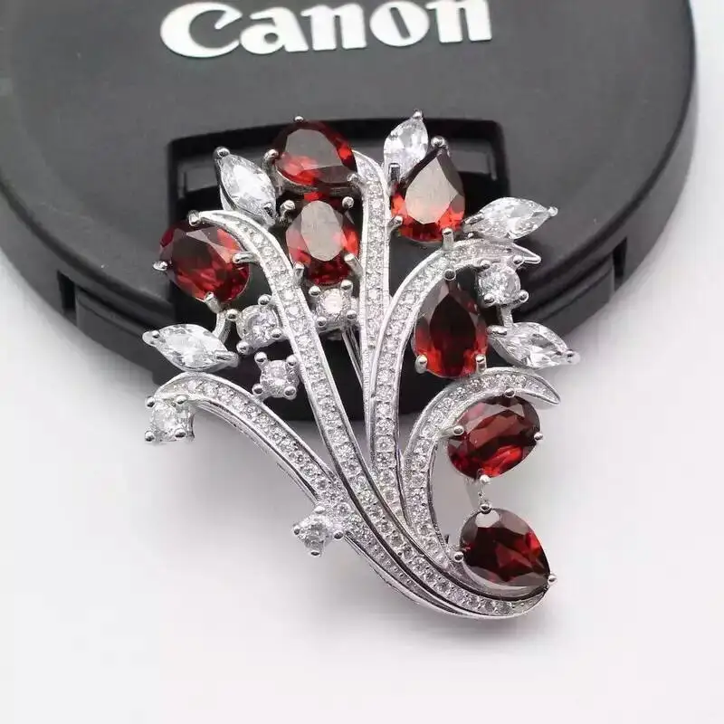 Natural red garnet brooch S925 silver gemstone Pendant trendy Elegant flowers women party fine jewelry | Украшения и аксессуары