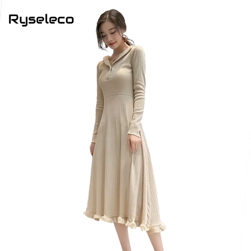 

Autumn Winter Women Knitted Dress Turn Down Lapel Elegant Pink Party Ruffles Patches Strip Long Sleeve Casual Flare Midi Dresses