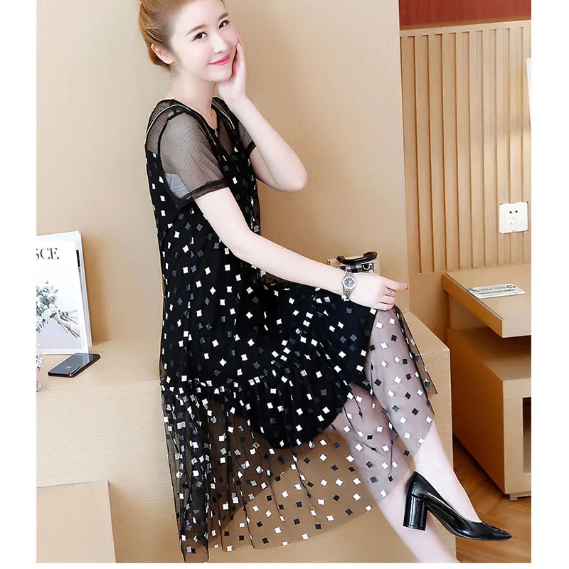 Summer printing women's clothing Sexy mesh stitching dresses Elegant slim plus size dress female 2019 | Женская одежда