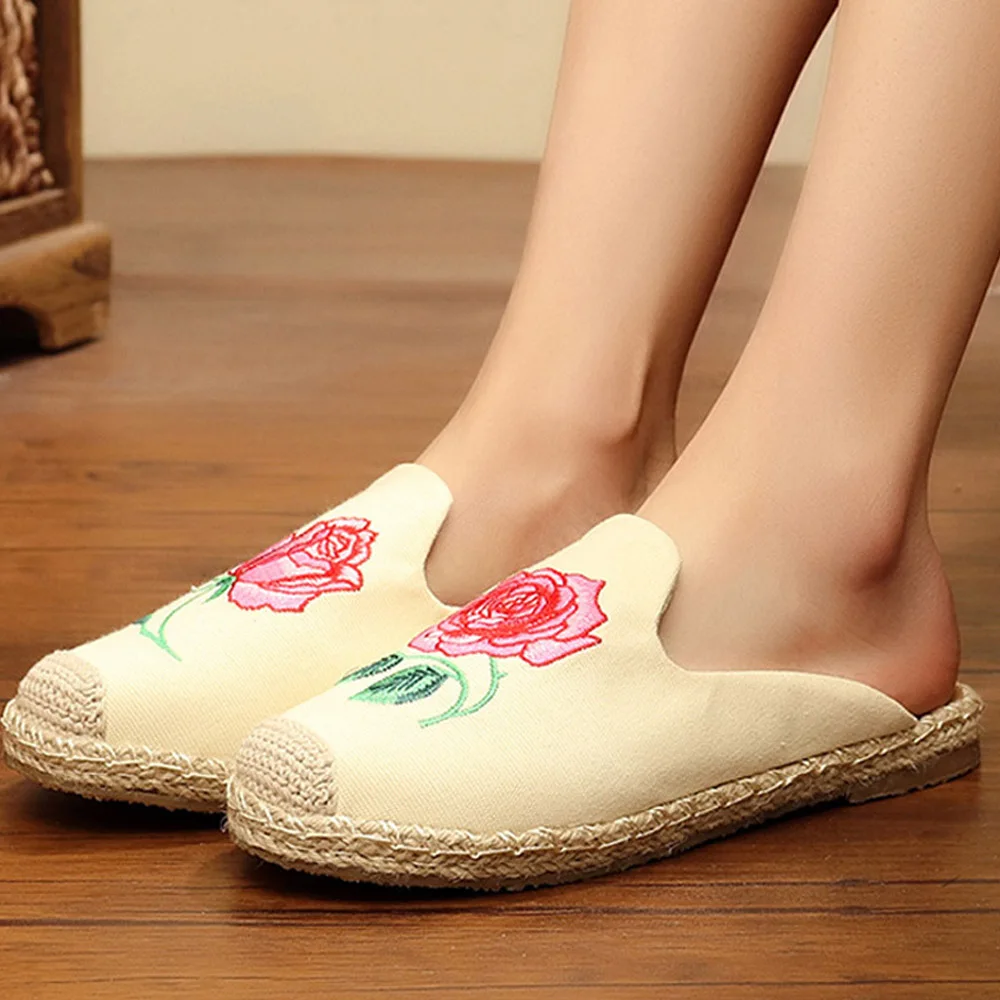 Винтажные женские парусиновые тапочки ручной работы на плоской подошве с