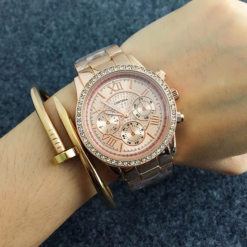 CONTENA роскошные бриллиантовые женские часы розовое золото нержавеющая сталь