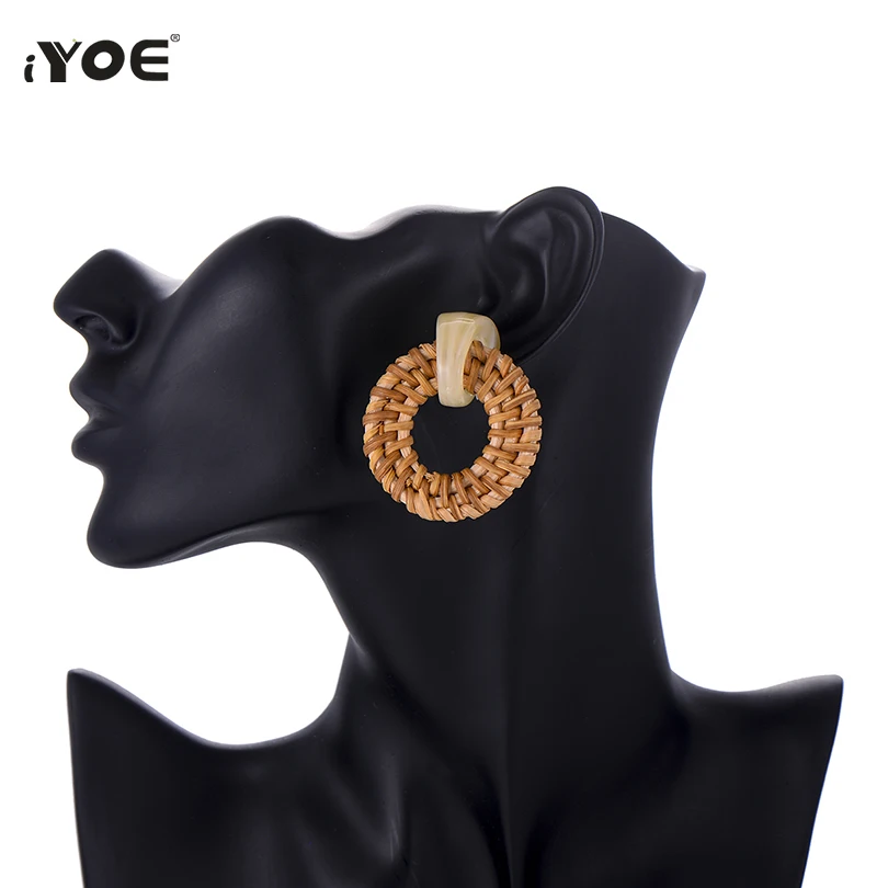 IYOE 2019 новые большие полые круглые Висячие серьги для женщин плетеные деревянные