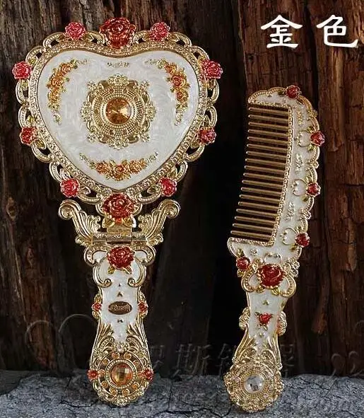 Европейское винтажное зеркало в форме сердца, зеркало для макияжа, рамка, карманное зеркало для девочки, подарок J034 - Цвет: gold plated