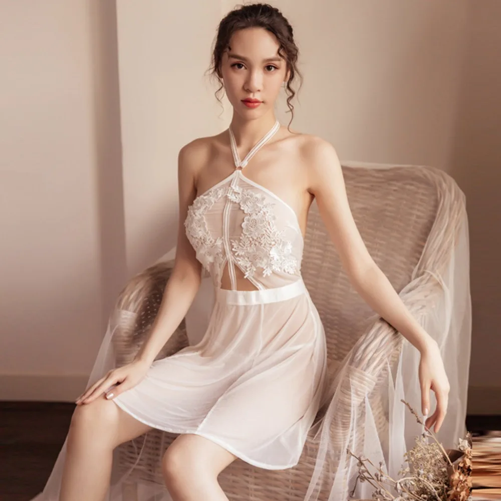 Сексуальное эротичное нижнее бельё для женщин babydoll Пижама Платье мини-пальто кружевное прозрачное Трехточечное открытое бесшовное платье H4