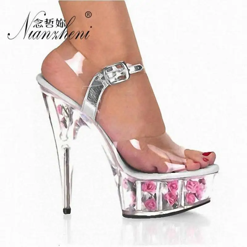 

Женская обувь на высоком каблуке для ночного клуба, с цветочным принтом, для подиума, сексуальные прозрачные босоножки на тонком каблуке 15 с...
