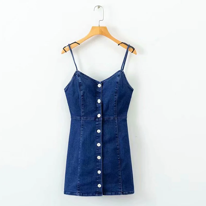 

PERHAPS U Blue Denim V Neck Sleeveless Sling Sarafan Solid Sheath Single-breasted Jeans Dress D1017