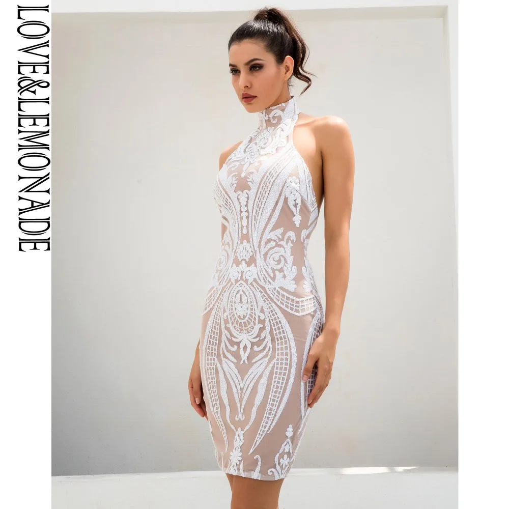 Love& Lemonade сексуальные белые ретро блестки Halo Bodycon Вечерние платья LM80008