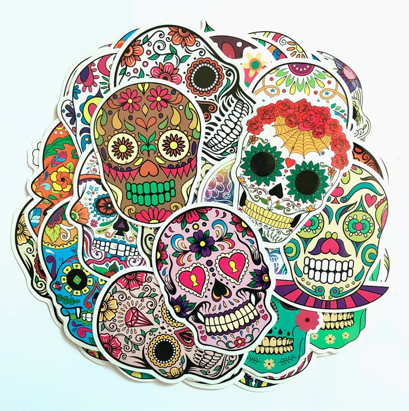 Paquete de 50 unidades de pegatinas de esqueleto colorido, calcoman&iacute;as de calavera fantasma, &aacute;lbumes de recortes para bricolaje, para motocicleta, port&aacute;til, Skateboard, equipaje-0