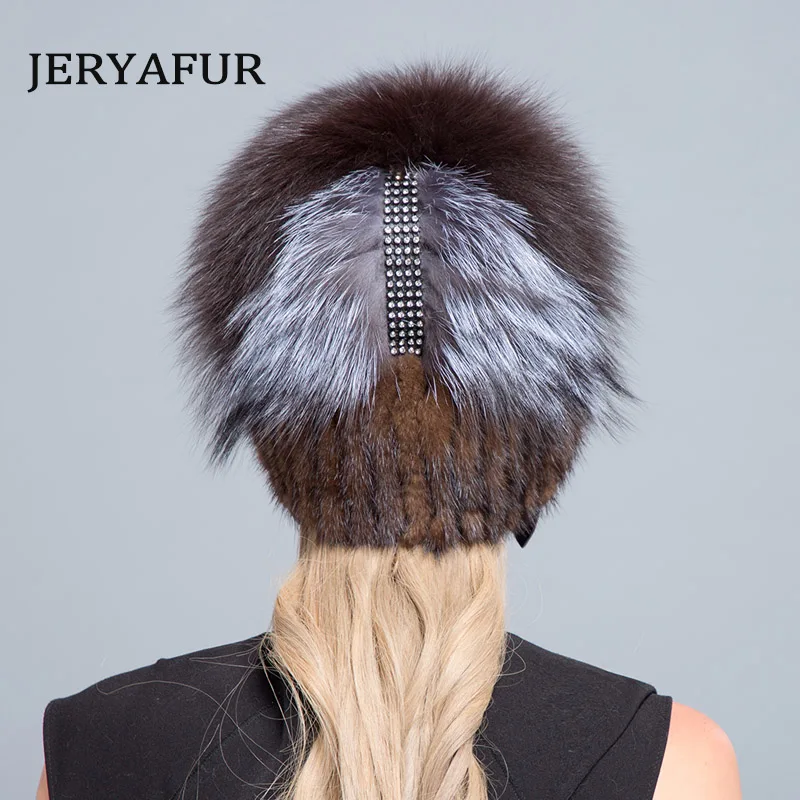 JERYAFUR Russian fashionable fur ski cap for winter women's Pullover hat trip mink fox fur hat knitted inner liner hat