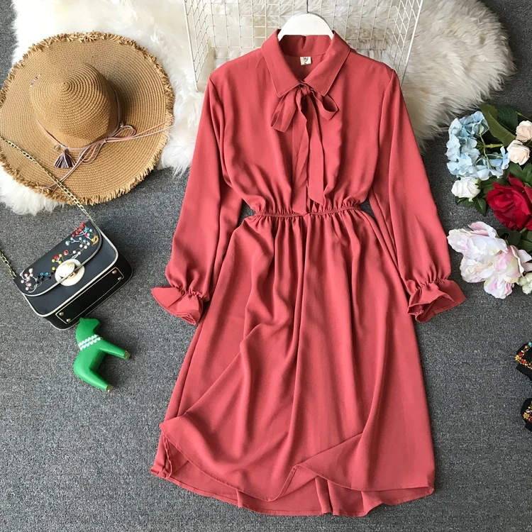 Женское шифоновое платье ALPHALMODA с длинными рукавами и бантом на воротнике в стиле