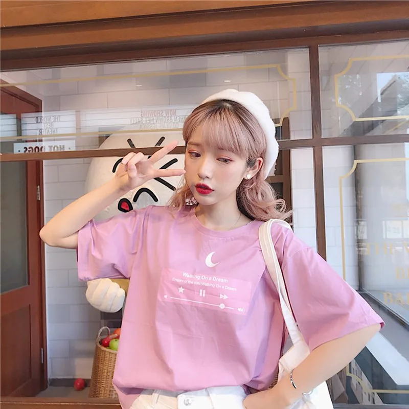 pink Harajuku Friends женская футболка с коротким рукавом с принтом Луны уличная женская футболка летняя Милая футболка с круглым вырезом Femme Топы - Цвет: pink